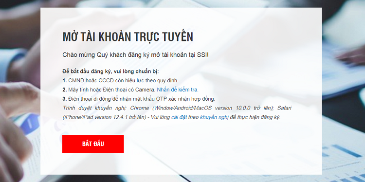 Giao diện mở tài khoản chứng khoán online của SSI