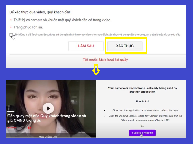 Mở tài khoản chứng khoán Techcombank online, quay video xác thực danh tính