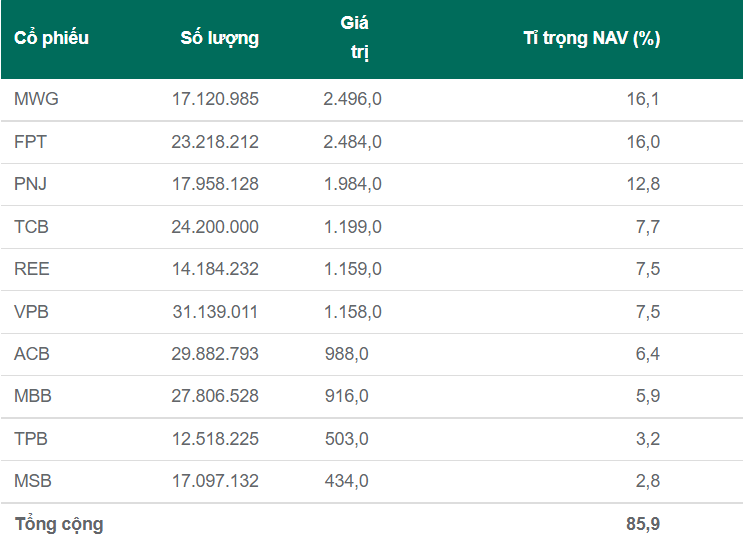 Top 10 cổ phiếu có tỷ trọng lớn nhất của FUEVFVND