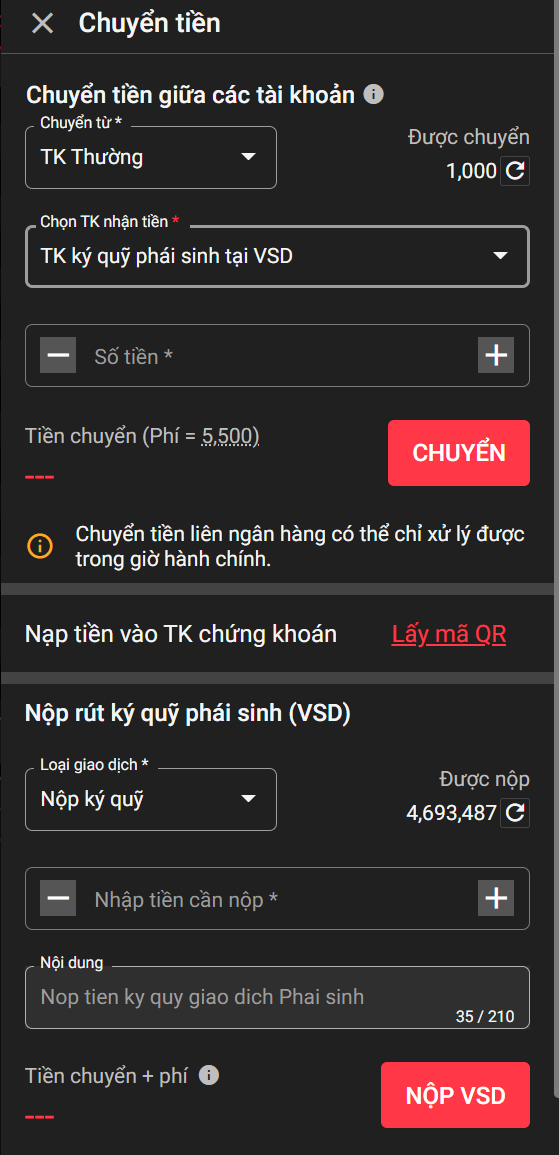 Bạn có thể chuyển thẳng tiền từ tài khoản thông thường lên VSD hoặc gửi vào TK PS sau đó nộp ký quỹ